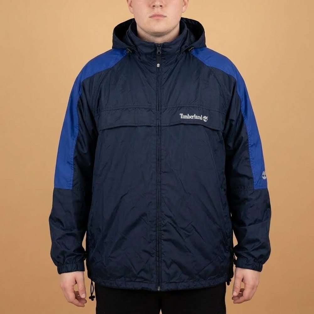 Timberland Vintage Hooded Windbreaker Jacket Men XL Navy Blue Nylon EUC